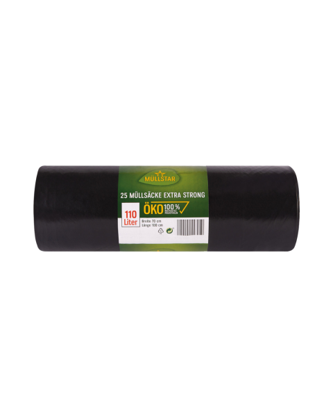 muellstar Oeko Muellsaecke 110 Liter, extra strong, schwarz blickdicht, 70 mal 100 cm, 100 Prozent recyceltes Polyehtylen, 25 Stueck